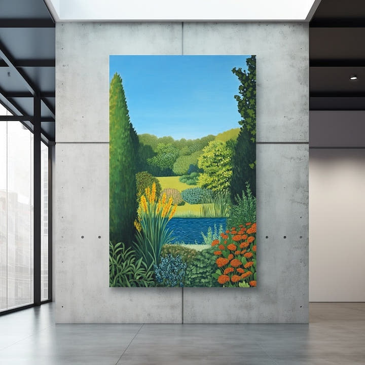 Folk-art garden painting with blue pond and colourful flowers