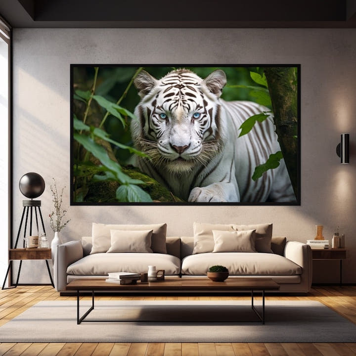 Blue-eyed white tiger emerging from lush green jungle foliage
