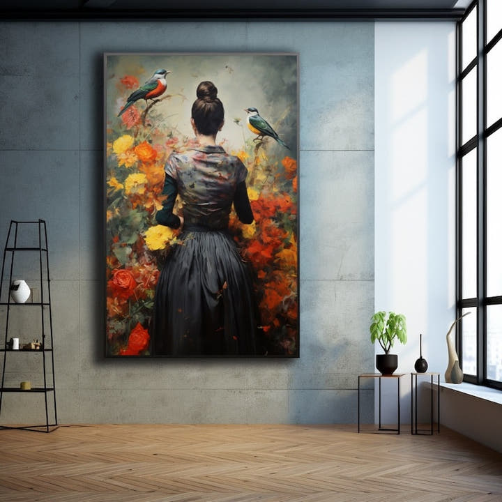 Painting of a woman from behind facing roses and wildflowers with two small birds