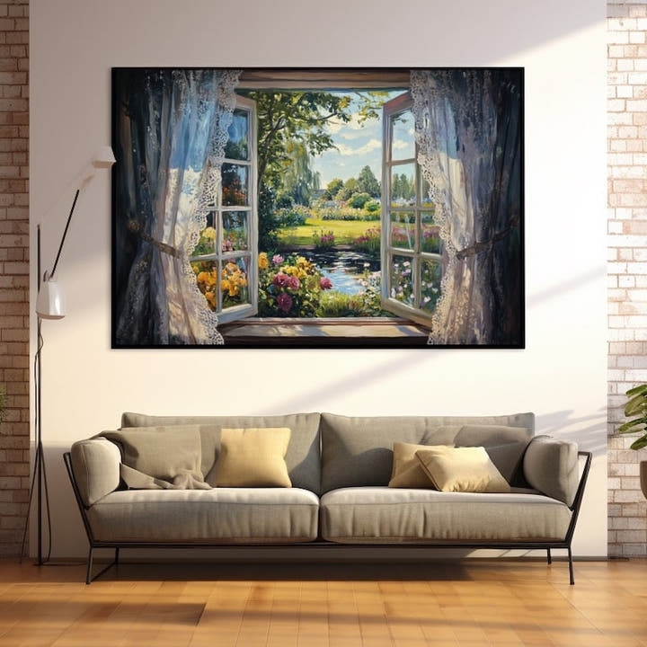 Painting of an open lace-curtained window onto a sunlit garden with roses and a pond