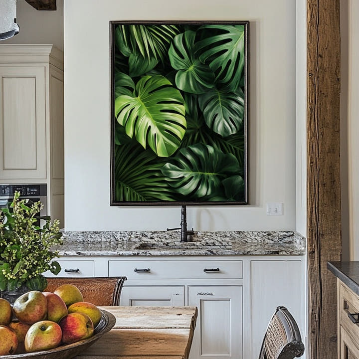 Jungle leaves painting of glossy monstera foliage on a dark background