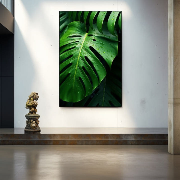 Glossy monstera leaf with water droplets on a dark background