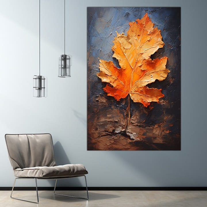 Fiery orange palette-knife autumn leaf painting on dark background