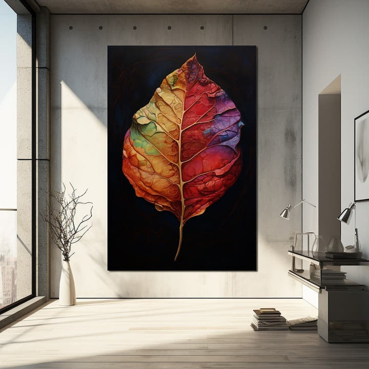 Single leaf in rainbow jewel tones against a deep black background