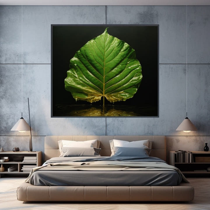 Glossy green heart-shaped leaf with water droplets on a dark background