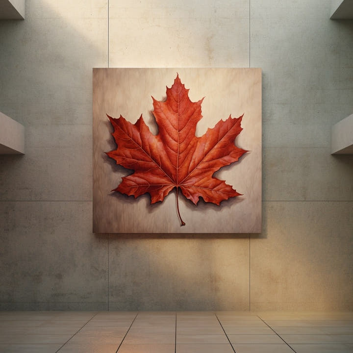 Painting of a single red-orange maple leaf on a warm parchment background