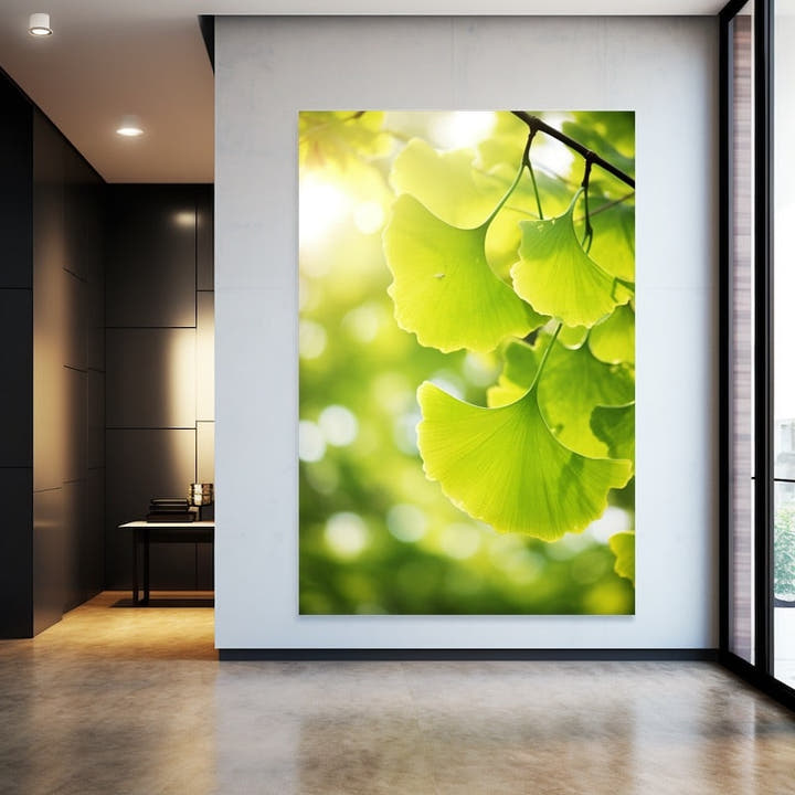 Sunlit fresh lime-green ginkgo leaves against golden bokeh