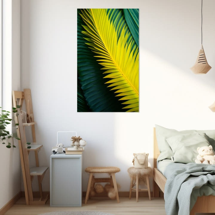 Close-up palm frond glowing from acid-yellow to deep emerald green