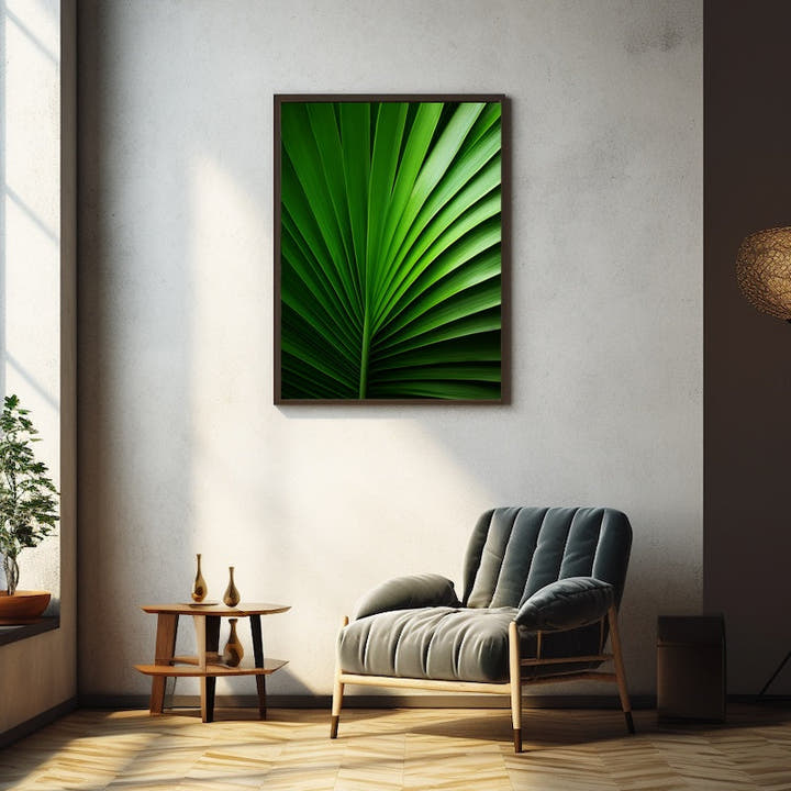 Macro fan palm leaf in emerald and lime greens