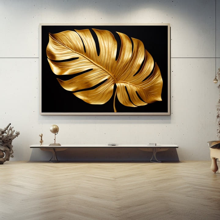 Burnished gold monstera leaf on a deep black background