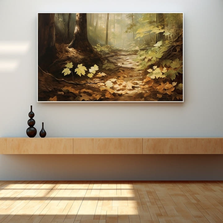 Painting of a misty woodland path scattered with golden maple leaves in soft sunlight