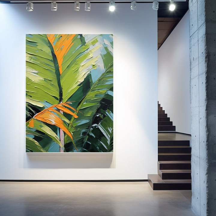 Palette-knife palm fronds in green with orange accents