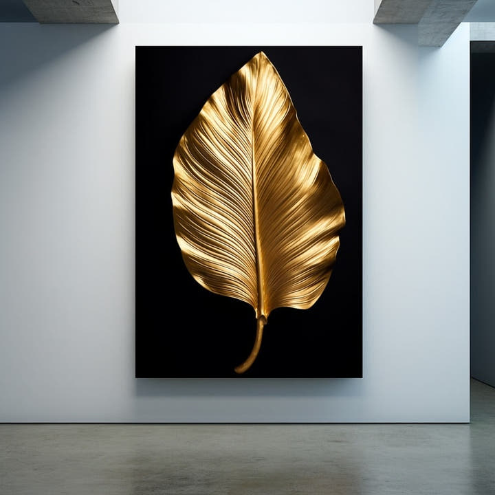 Single burnished gold leaf with ribbed surface on a black background