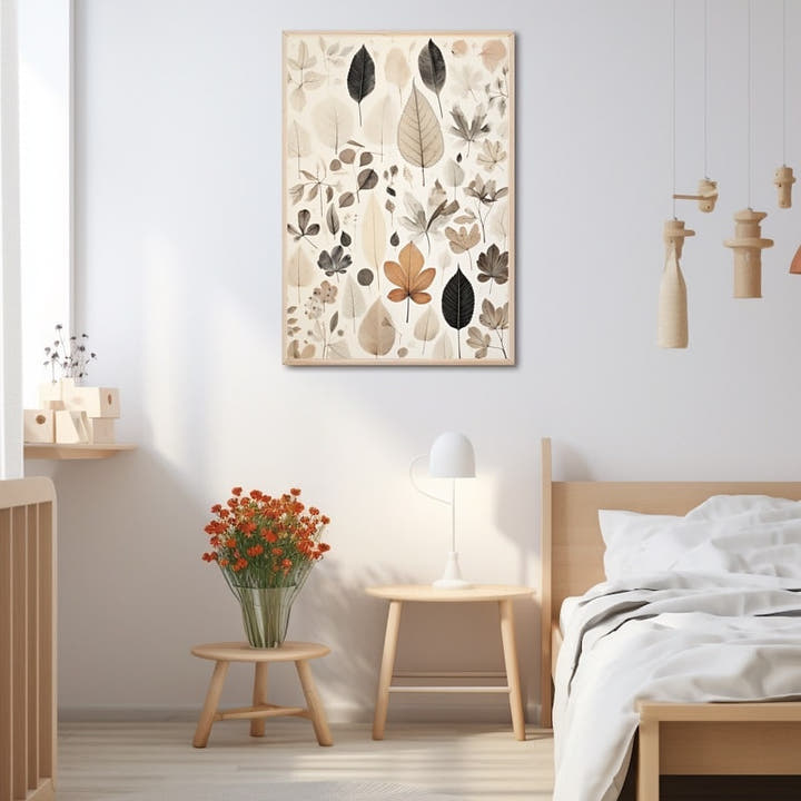 Herbarium-style canvas of pressed leaves in soft beige and terracotta tones