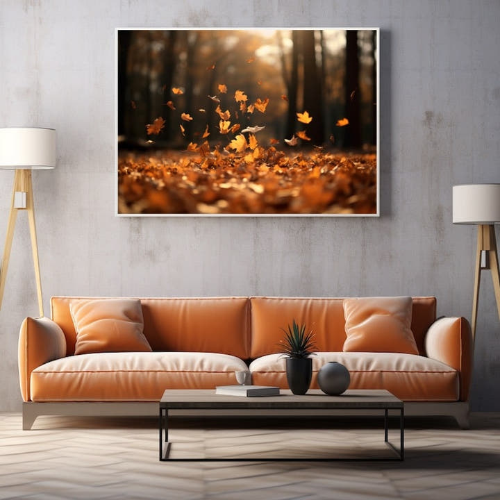Realistic leaf painting of amber autumn leaves swirling in a sunlit forest