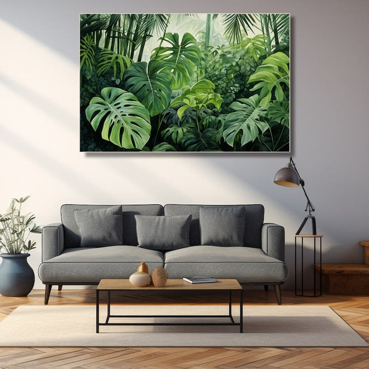 Watercolour jungle of Monstera leaves and palm fronds in fresh greens