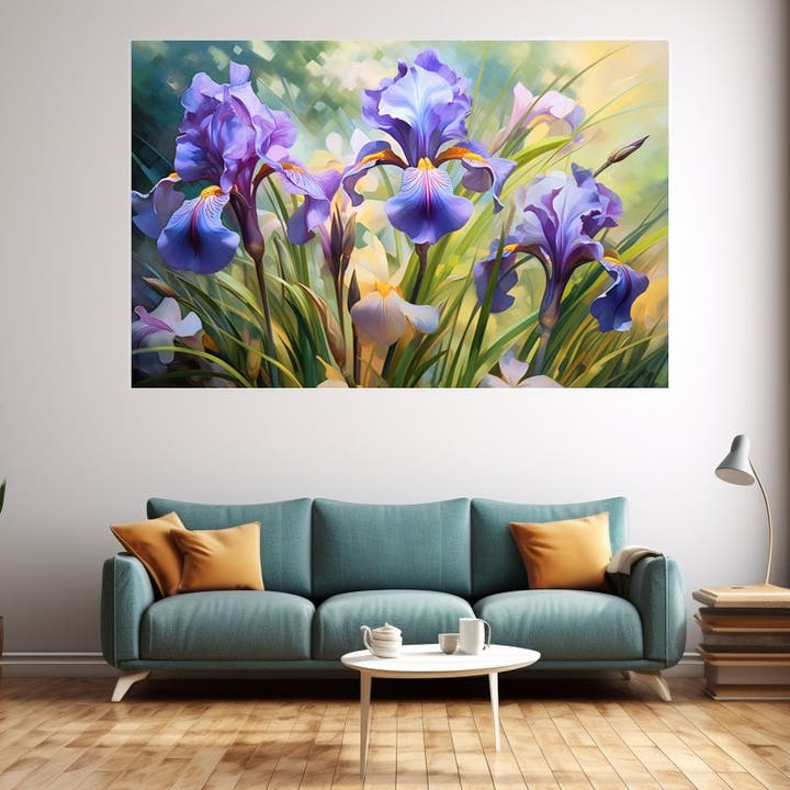 Impressionist painting of a cluster of blue-violet irises in a sunlit garden