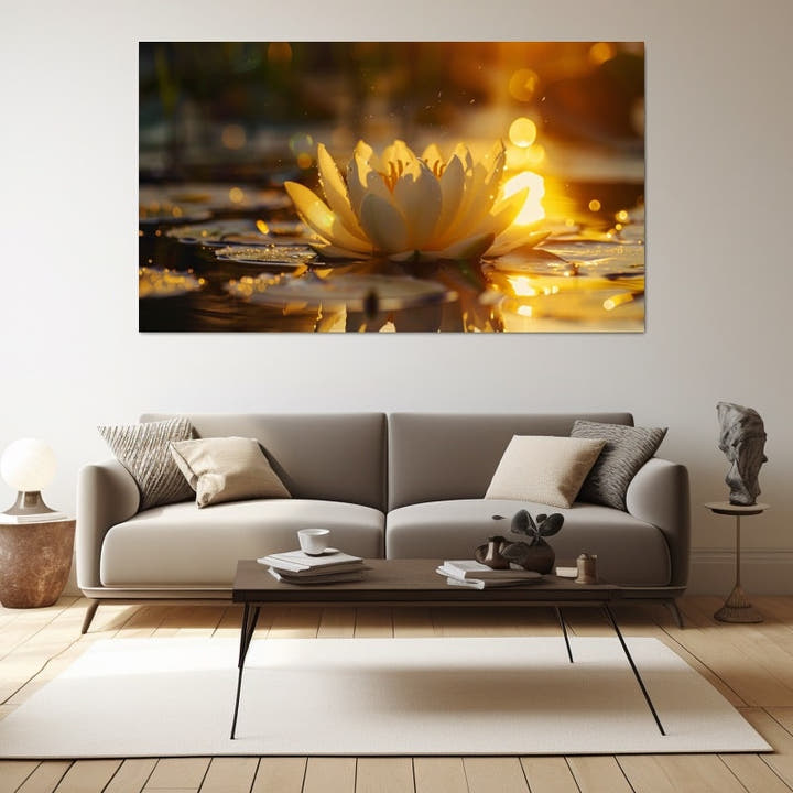Lotus flower glowing gold at sunset over a calm reflective pond
