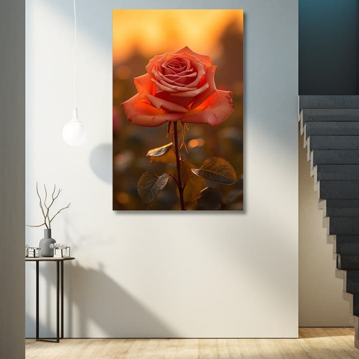 Single coral rose glowing against a golden sunset