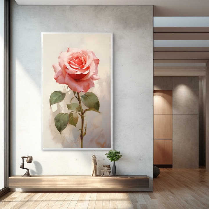 Soft acrylic painting of a single blush pink rose on a cream background