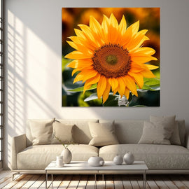 Golden sunflower in close-up against a sunlit field of flowers