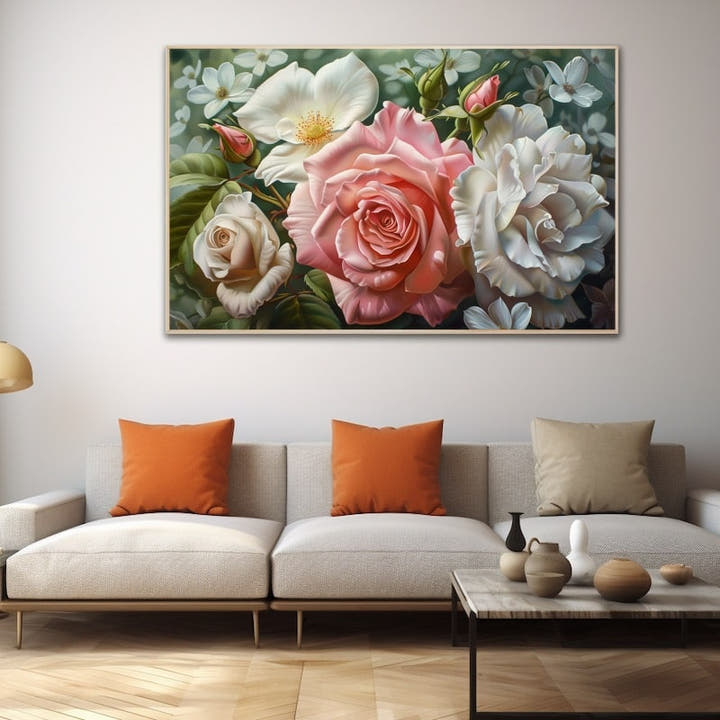 Bouquet of pink and white roses with buds and blossoms