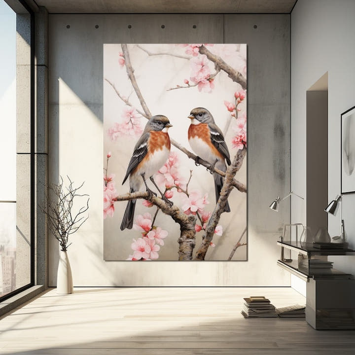 Japanese painting of two finches perched among pink blossom flowers