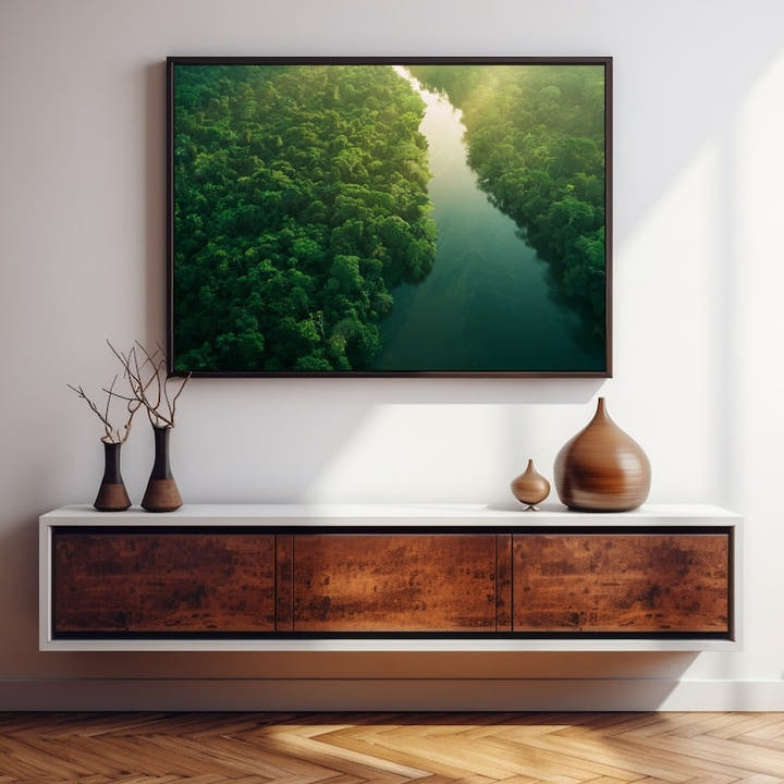 Aerial view of a river winding through dense green forest at golden hour