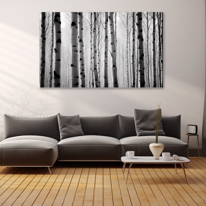Black and white birch forest of slender pale trunks rising in vertical rows