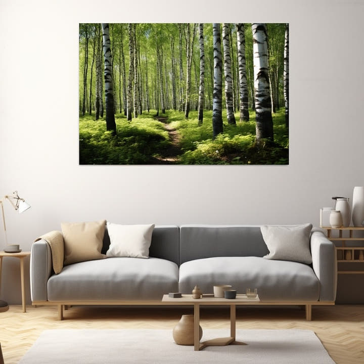 Dense summer birch forest with a winding path and green undergrowth