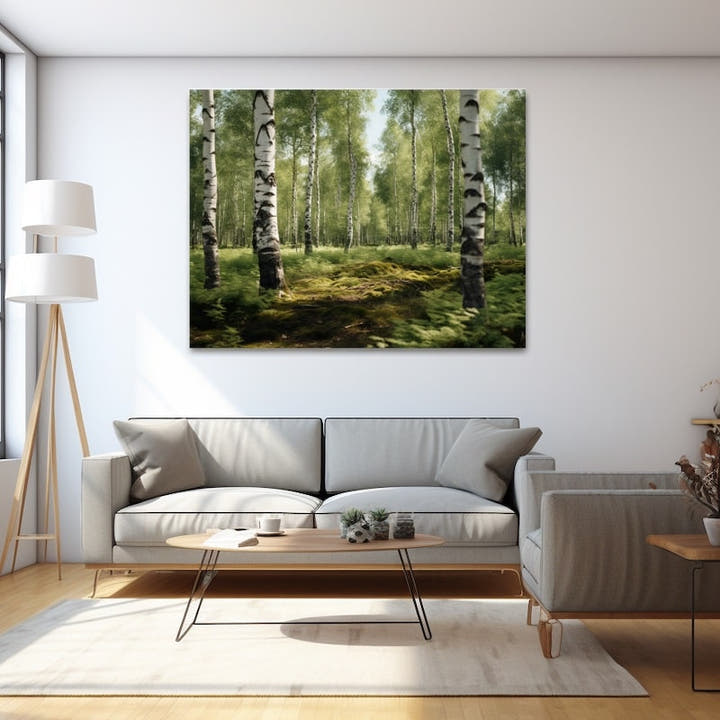 Sunlit summer birch grove with silver trunks, green leaves and ferns