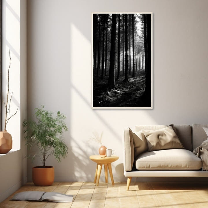 Tall pine trunks in a shadowed forest in black and white