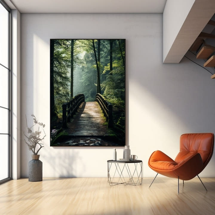 Painting of a wooden footbridge in a misty forest