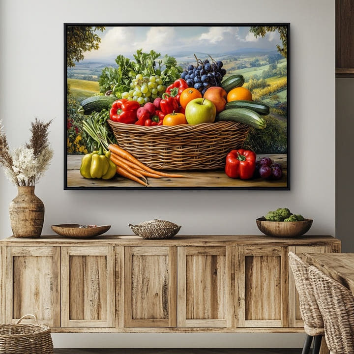 Basket of fruit and vegetables on a table before rolling hills painting