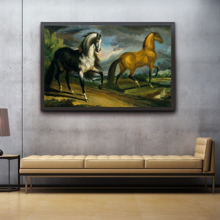 Two horses, a dappled grey and a chestnut, in a stormy landscape