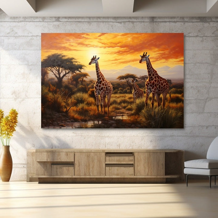 Painting of giraffes on the African savannah at sunset
