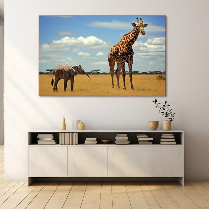 Young elephant and tall giraffe on the golden African savannah under a blue sky