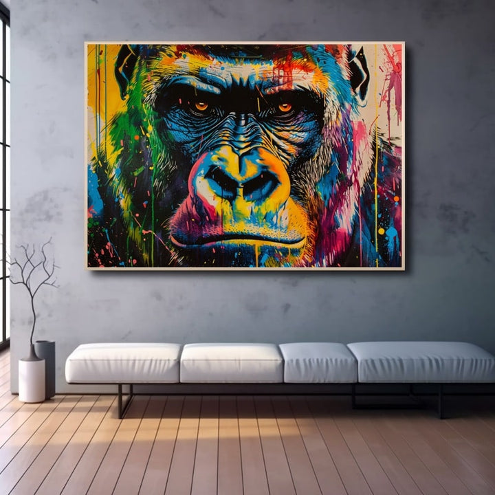 Colourful pop-art gorilla face with dripping paint and amber eyes