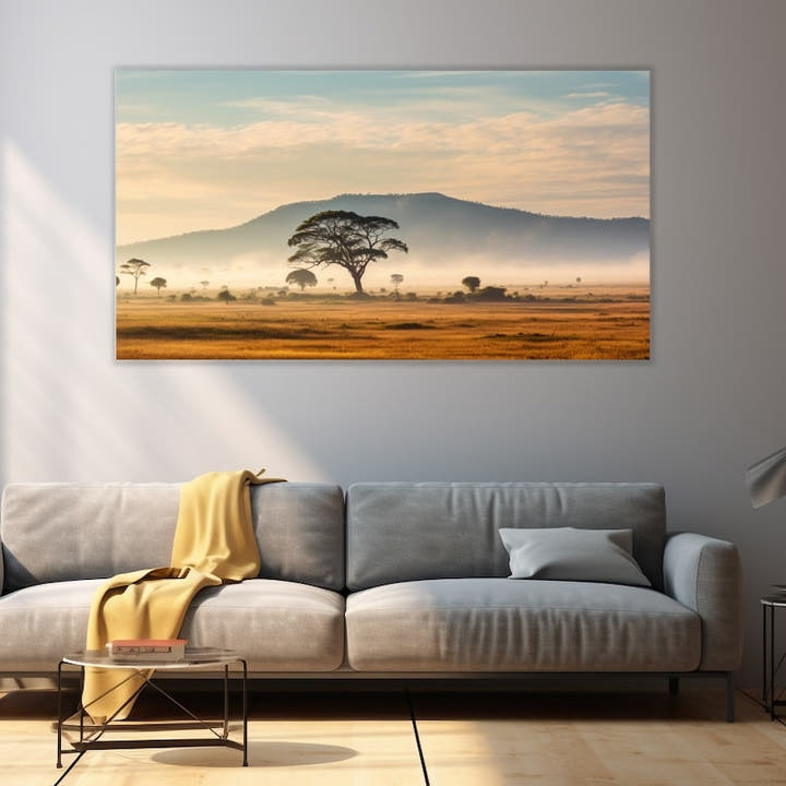 Large savannah painting, lone acacia on a misty golden savannah at dawn