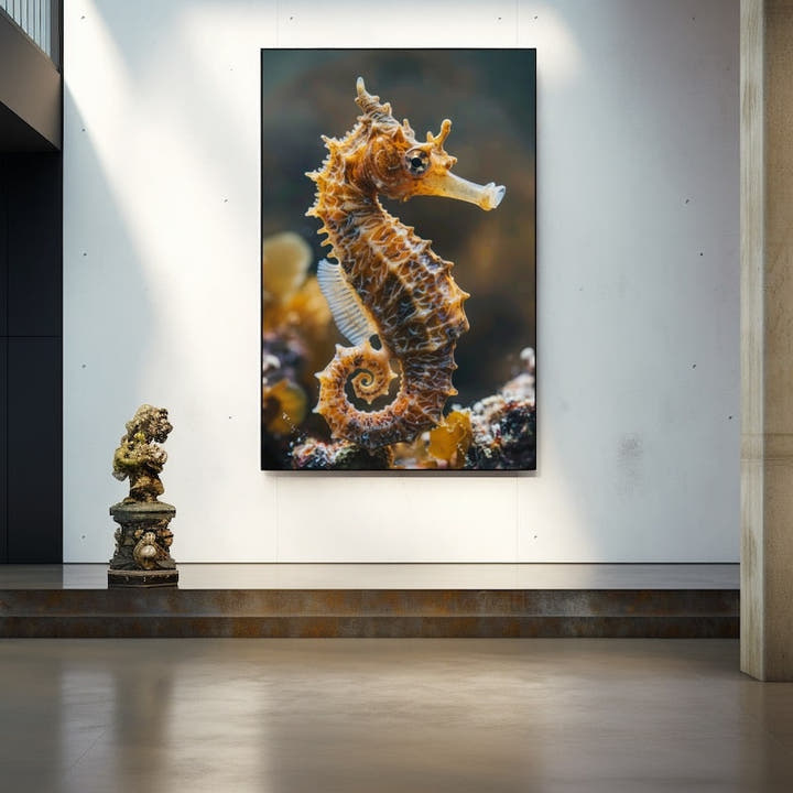 Close-up photograph of an amber seahorse against a soft reef