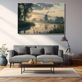 Painting of a Dutch windmill beside a misty river at sunrise
