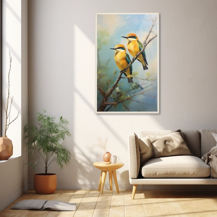 Two golden and teal bee-eaters perched on a branch against a soft blue sky
