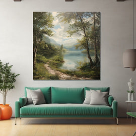 Oil painting of a still mountain lake framed by silver-barked trees