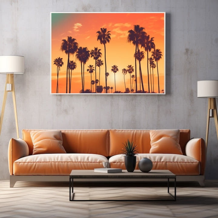 Row of palm tree silhouettes against a blazing orange sunset sky