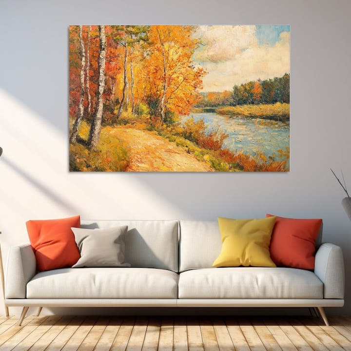Autumn oil painting of silver birches in copper and gold beside a calm river