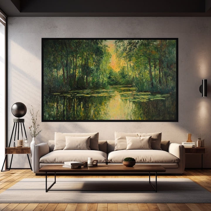 Impressionist painting of a green woodland pond with trees reflected in still water