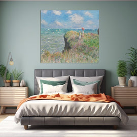 Impressionist clifftop scene with figures, a red parasol and a turquoise sea