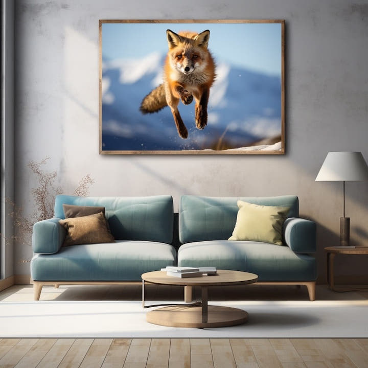 Red fox leaping over snow with mountains and blue sky