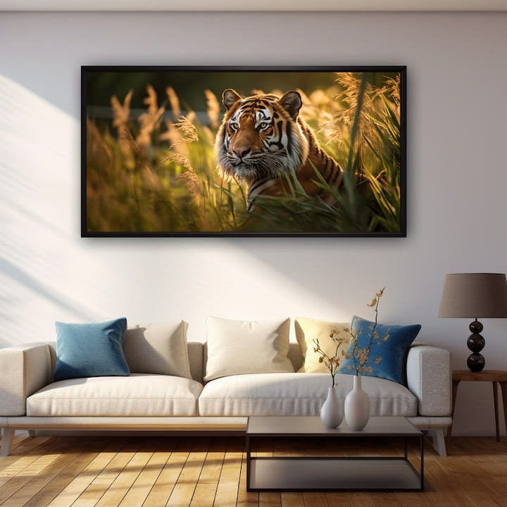 Tiger watching from tall sunlit grasses, panoramic format