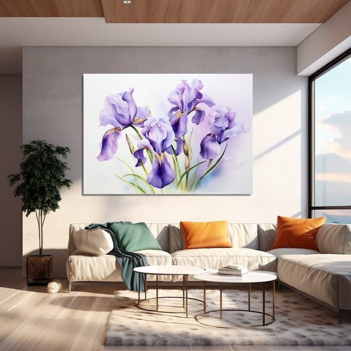 Watercolour painting of a soft bouquet of pale lavender irises and buds